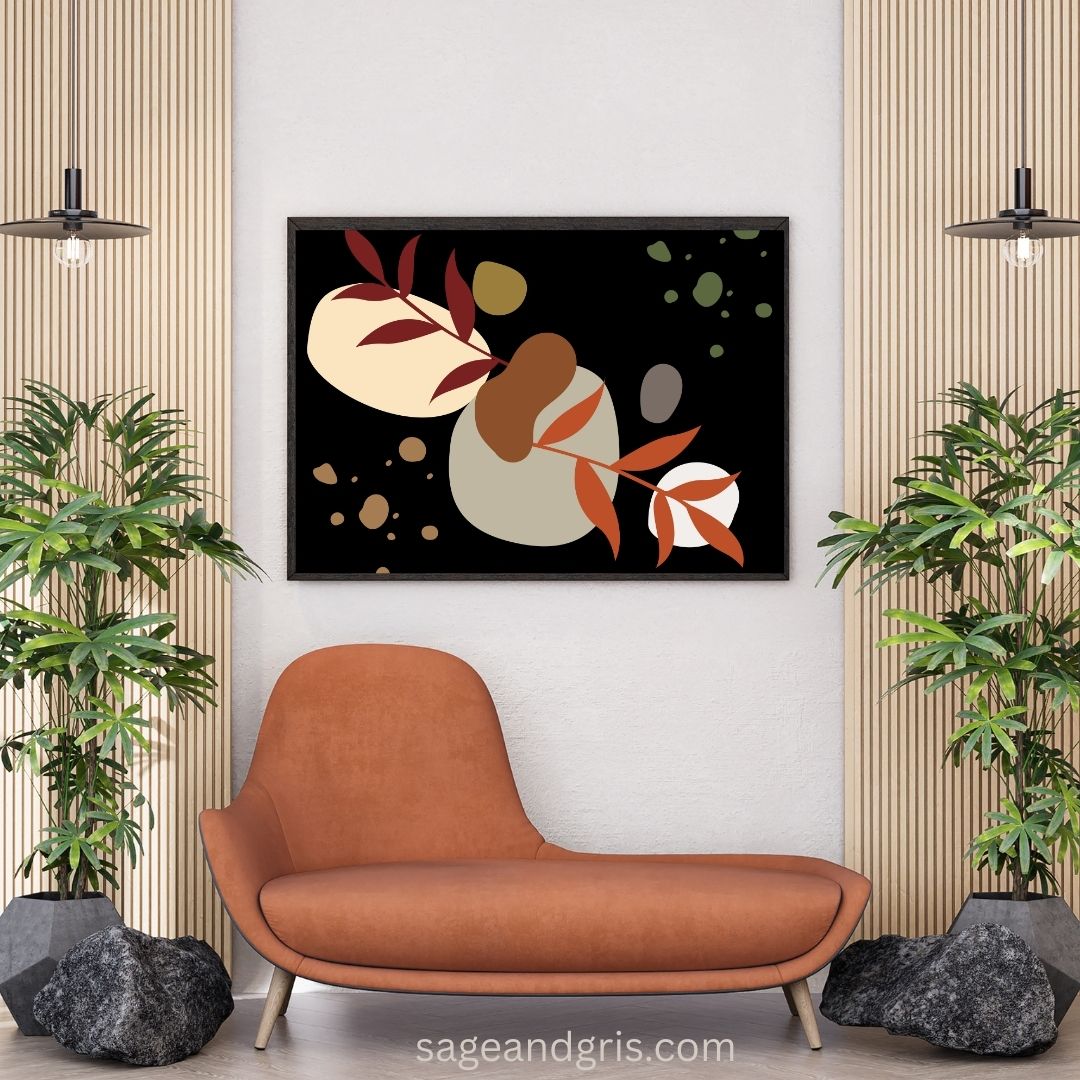 Modern living room with a brown sofa, bohemian wall art, and decorative plants.